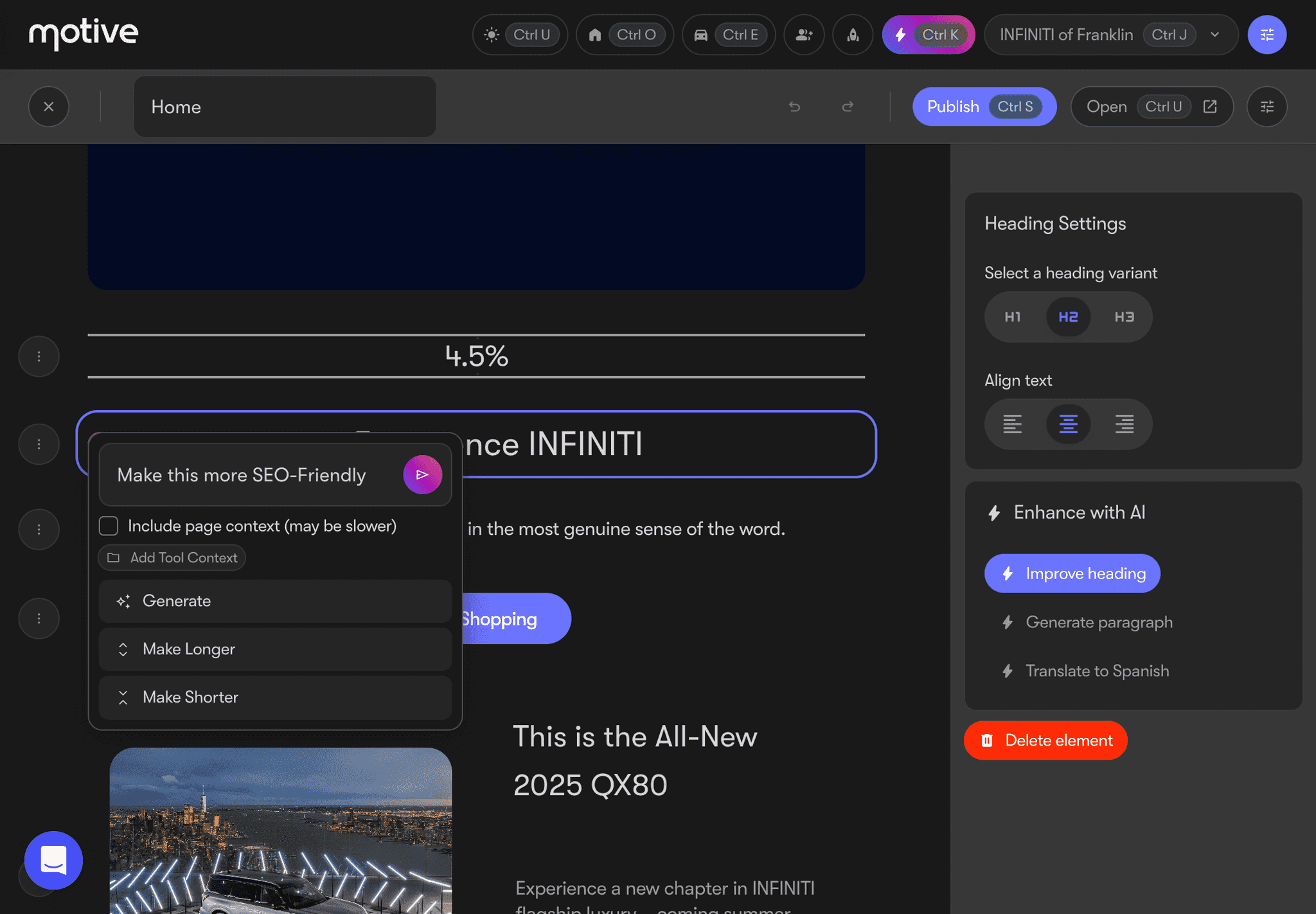 Infiniti website editor