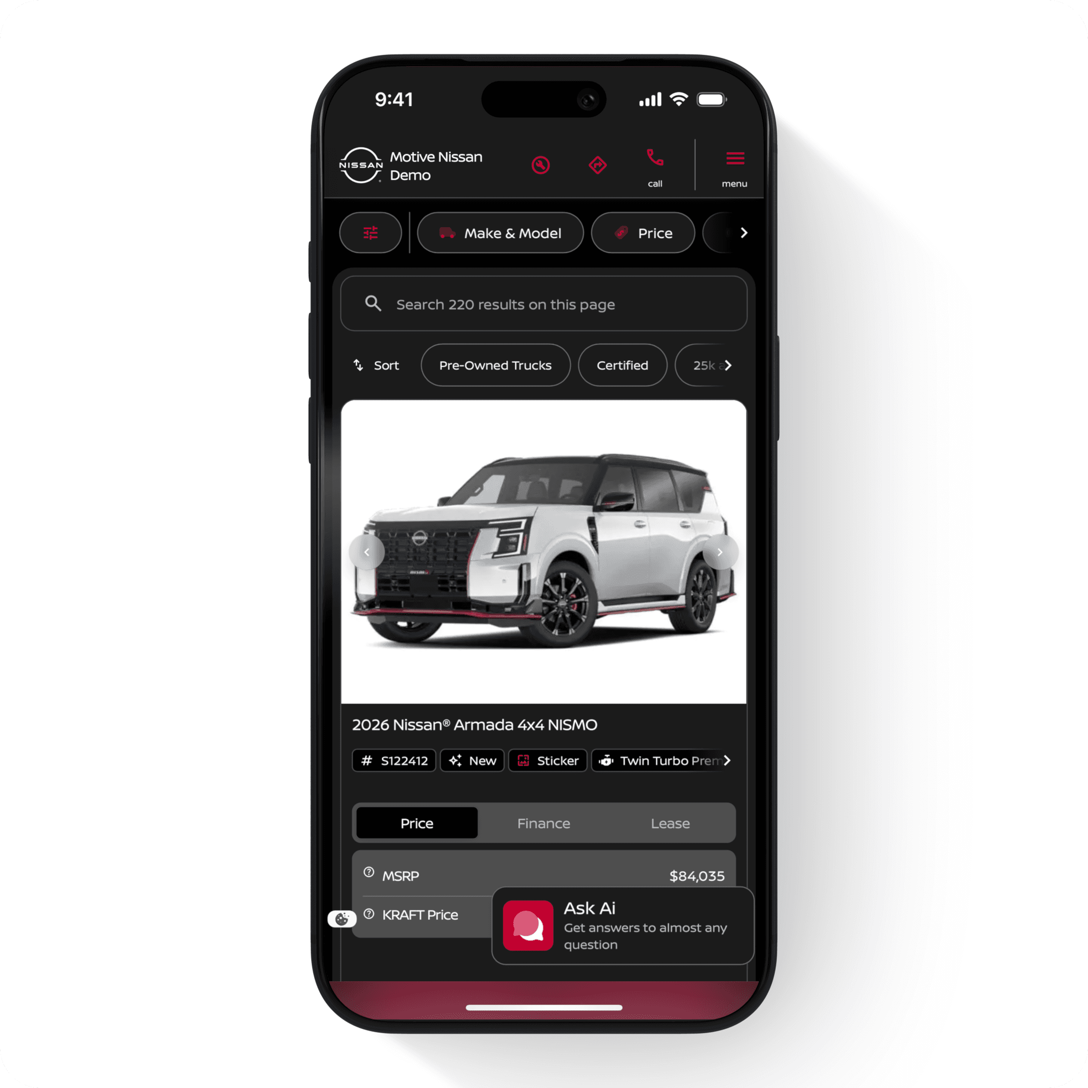 Nissan dealer website on Motive